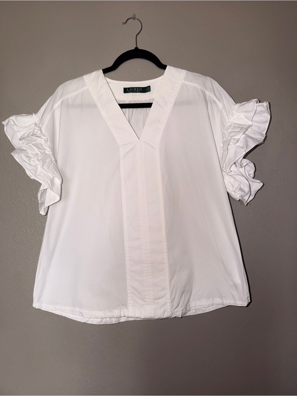 Ralph Lauren White V-Neck Ruffle Sleeve Top